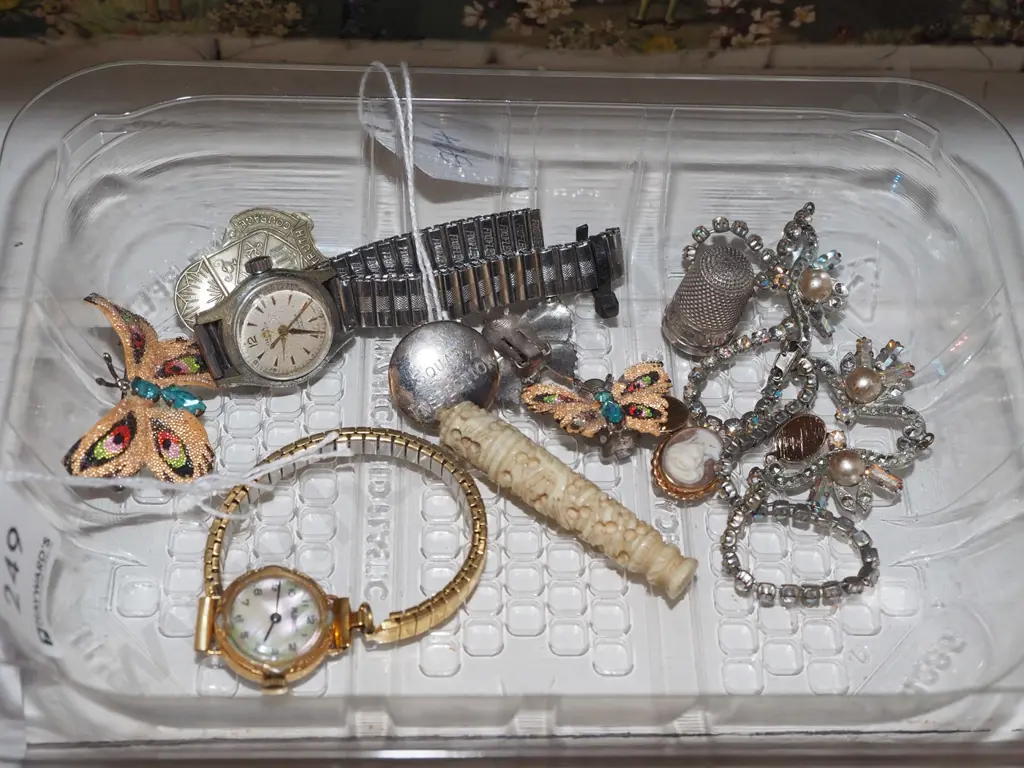 tray; watches, thimbles, costume jewellery Image 1++