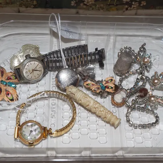 tray; watches, thimbles, costume jewellery