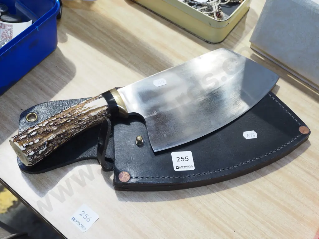 bone handled butcher's cleaver in leather sheath L360 Image 1++
