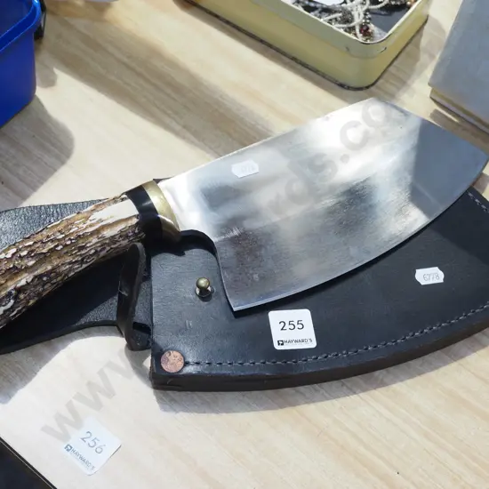 bone handled butcher's cleaver in leather sheath L360