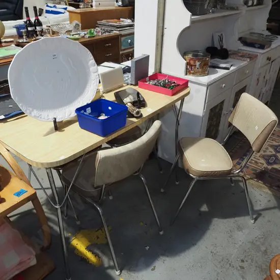 chrome based formica top table with 4 brown vinyl chairs H770 W1065 D765