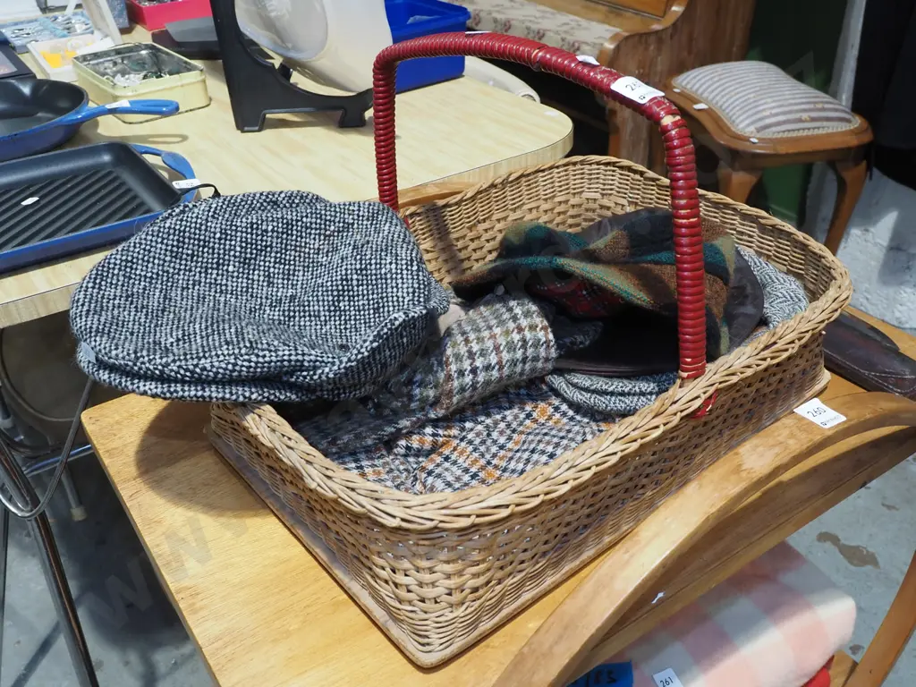 cane basket filled with 6 gents hats Image 1++