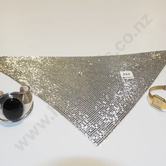 Oroton scarf, silver onyx bangle, Seiko wristwatch