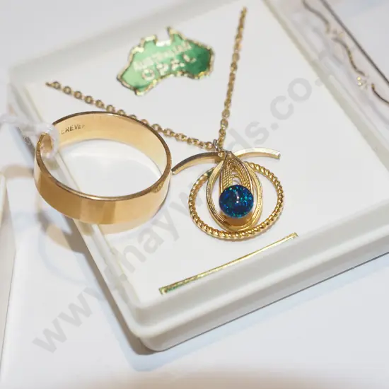 opal plated pendant, gold ring - no stamp