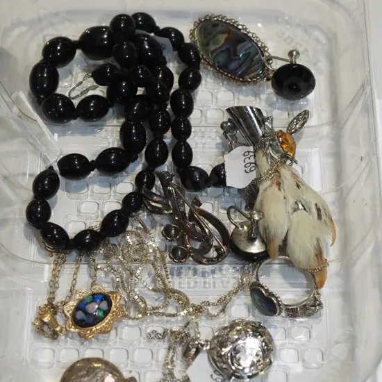 tray of costume jewellery, including sterling silver marquisite brooch, sterling silver Thailand lockets