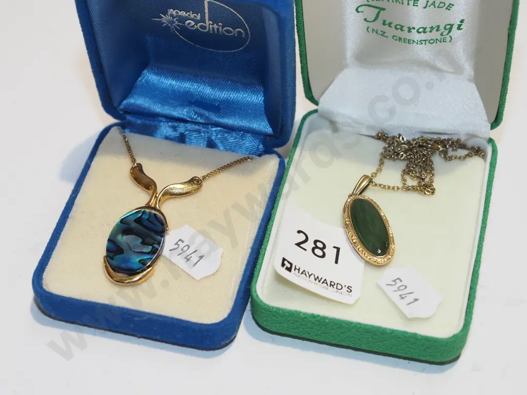 2x cased pendants; plated nephrite, plated paua Image 1++