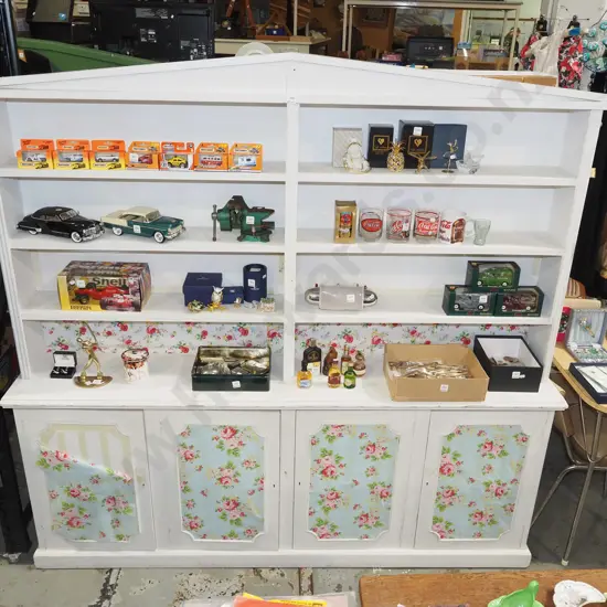 hand painted wall unit with 4 doors, applied fabric - loose, scratches to paint