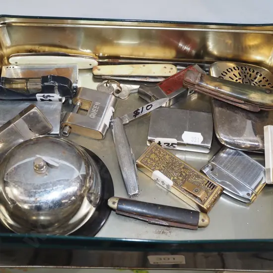 tin; lighters, bell, hand warmer etc