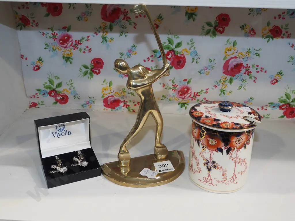 brass golfing figurines H240, cuff links, Burleigh ware canister Image 1++