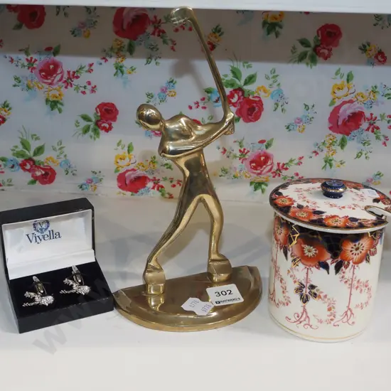 brass golfing figurines H240, cuff links, Burleigh ware canister