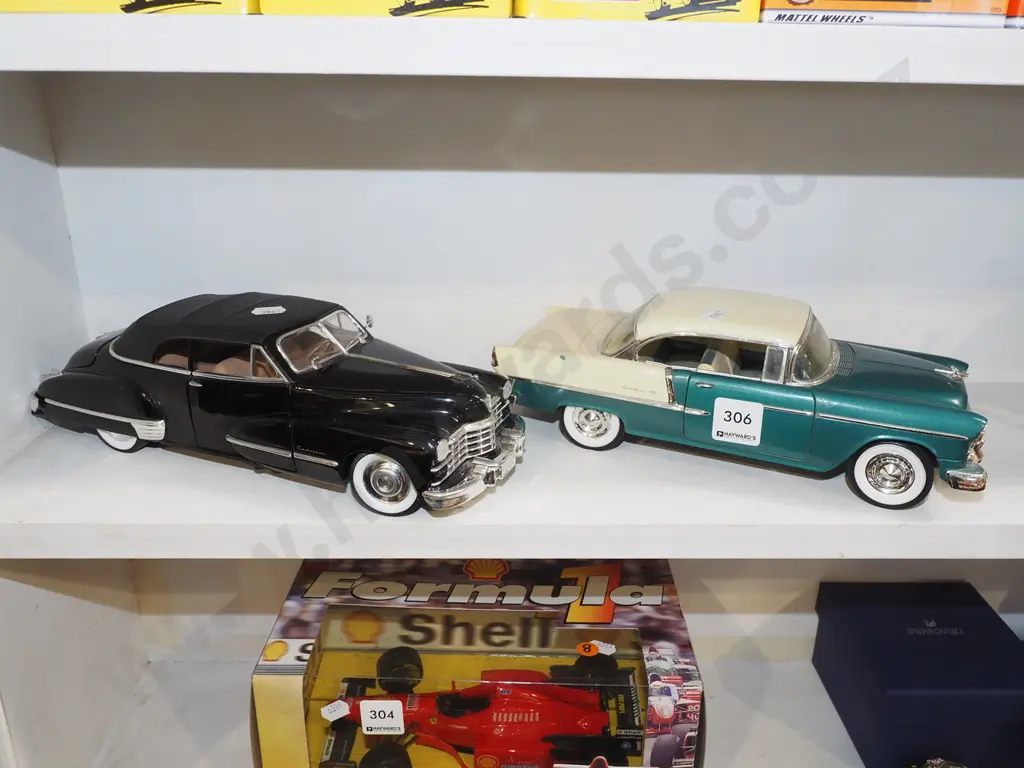 2x diecast model vehicles; 1947 Cadillac, 1955 Chevrolet Bel Air Image 1++