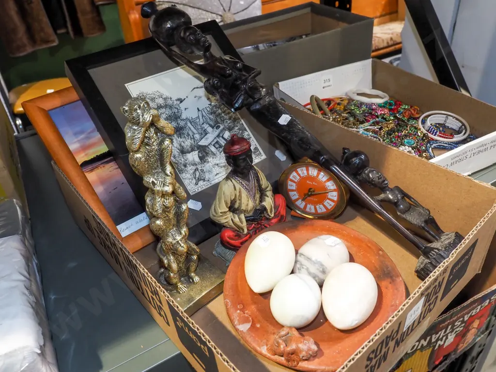 box; carved wooden figurines, stone eggs, prints etc Image 1++