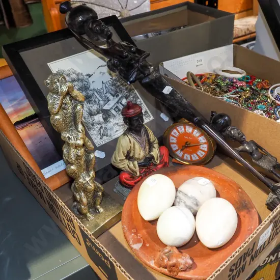 box; carved wooden figurines, stone eggs, prints etc