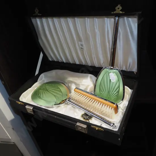 cased dressing table set, hand mirror - needs attention