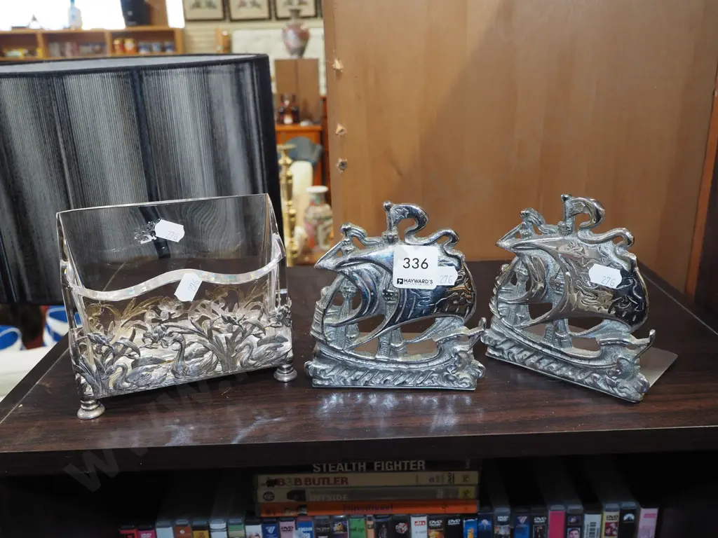 chrome galleon bookends, art nouveau plated and lass letter rack Image 1++