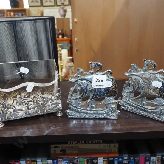 chrome galleon bookends, art nouveau plated and lass letter rack