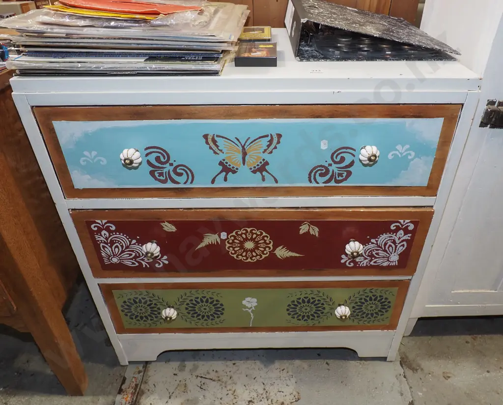 hand painted 3 drawer chest - scrapes and marks to paint H800 W730 D380 Image 1++