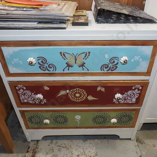 hand painted 3 drawer chest - scrapes and marks to paint H800 W730 D380