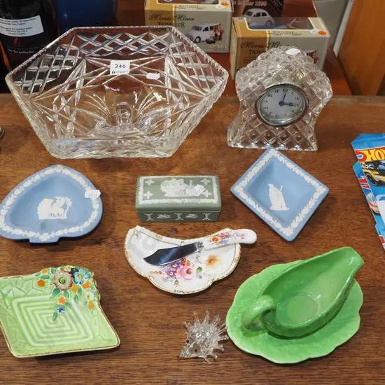 crystal comport, mantle clock, jasper ware etc