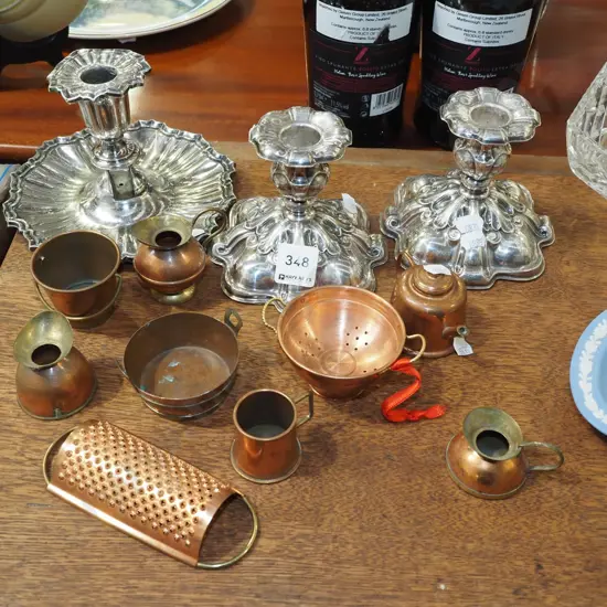 3x candlesticks, copper miniatures