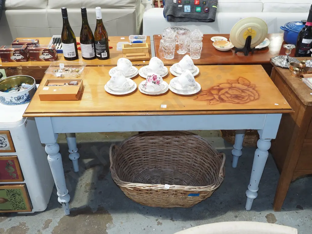 turned leg rimu topped hand decorated hall table H760 W1250 D500 Image 1++