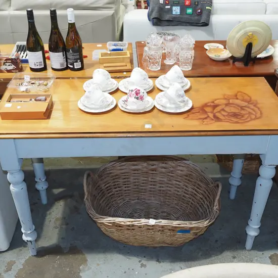 turned leg rimu topped hand decorated hall table H760 W1250 D500