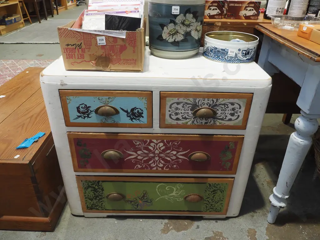 small hand decorated and painted 4 drawer chest - scuffs and marks to paint H655 w760 D400 Image 1++