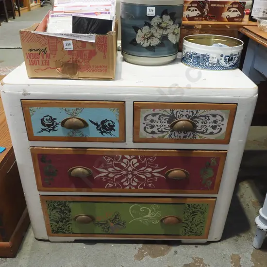 small hand decorated and painted 4 drawer chest - scuffs and marks to paint H655 w760 D400