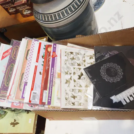 box; crafting supplies, stickers, card, craft magazines etc