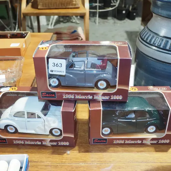 3x boxed scale model diecast Morris Minor toy vehicles