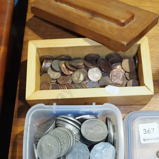 container and box of coins
