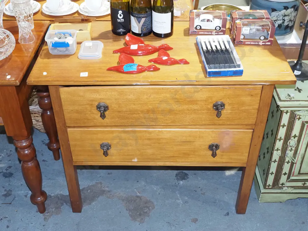 mixed timber 2 drawer chest with metal drop handles H760 W915 D450 Image 1++