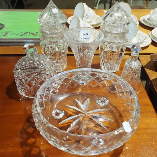 assorted crystal; footed bowl, vases, lidded canister etc Tallest H185