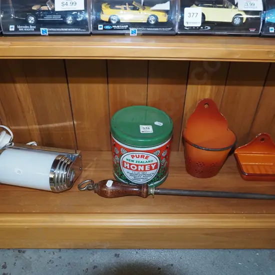 shelf; headboard light, enamel soap dish, tin etc