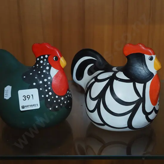 2x hand painted happy hens