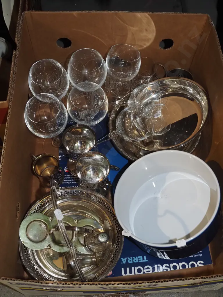box; wine glasses, French baking dish, plated ware Image 1++