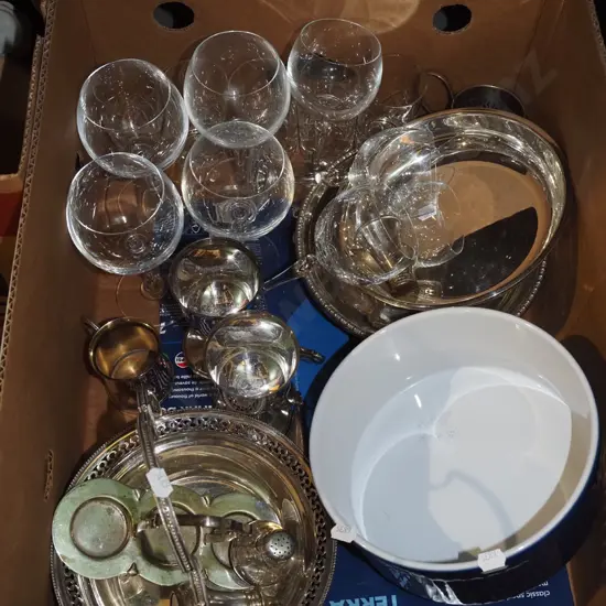 box; wine glasses, French baking dish, plated ware