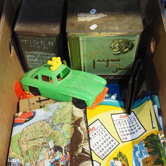 box; linen tea towels, tea tins etc
