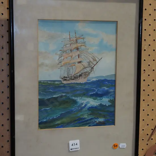 framed watercolour - sailing ship - marks