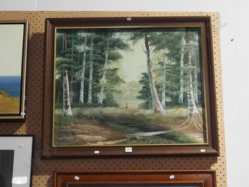 framed oil on canvas - forest and stream scene Image 1++