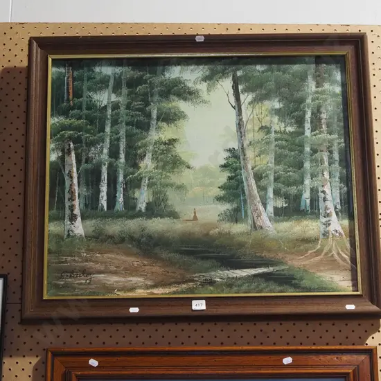 framed oil on canvas - forest and stream scene