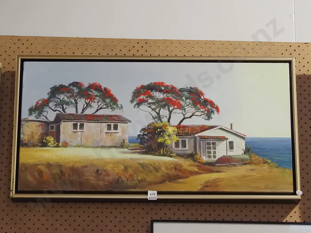 Susan Wiggins - framed oil on canvas - batches and pohutukawa trees Image 1++