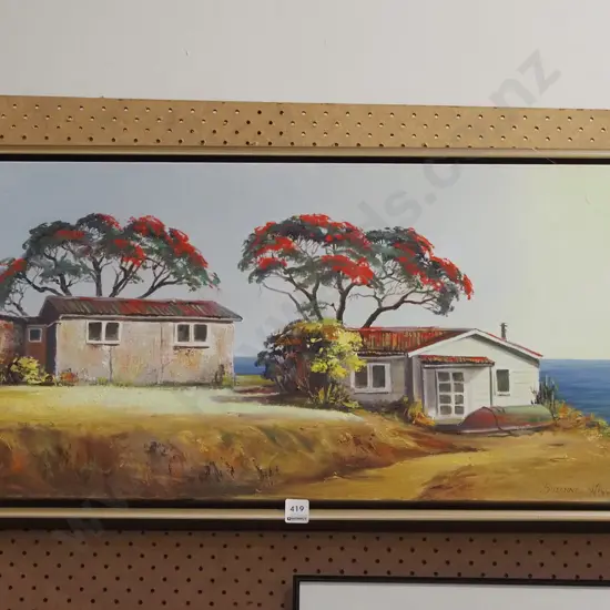 Susan Wiggins - framed oil on canvas - batches and pohutukawa trees