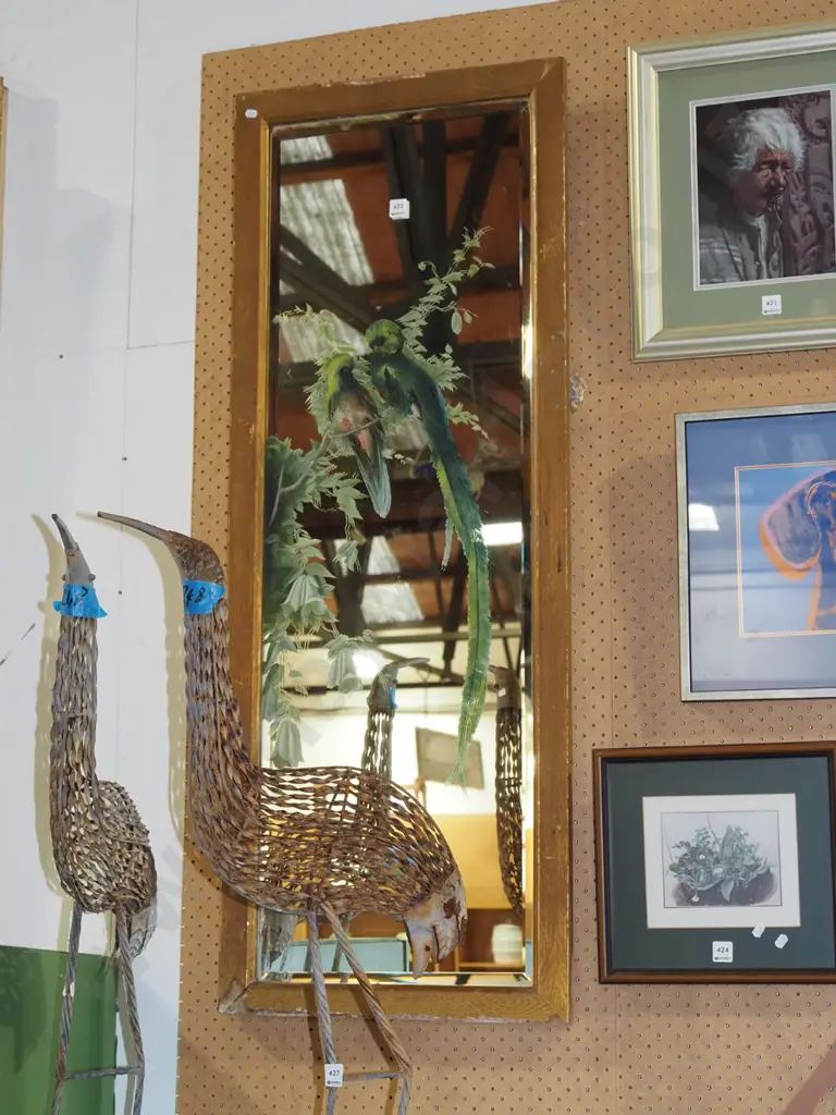 wood framed mirror with hand painted birds - some wear to frame and paint Image 1++