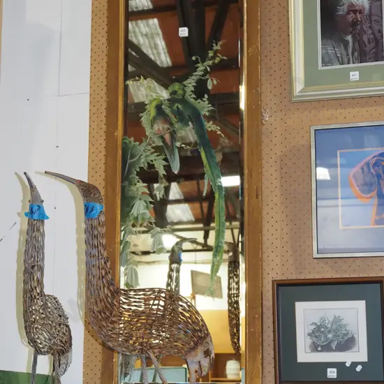 wood framed mirror with hand painted birds - some wear to frame and paint