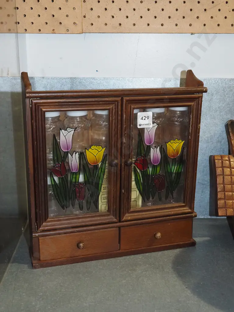 small 2 drawer, 2 door spice cupbaord  with floral decoration, jars, labels H320 Image 1++