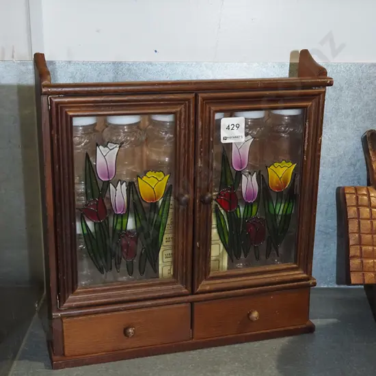 small 2 drawer, 2 door spice cupbaord  with floral decoration, jars, labels H320