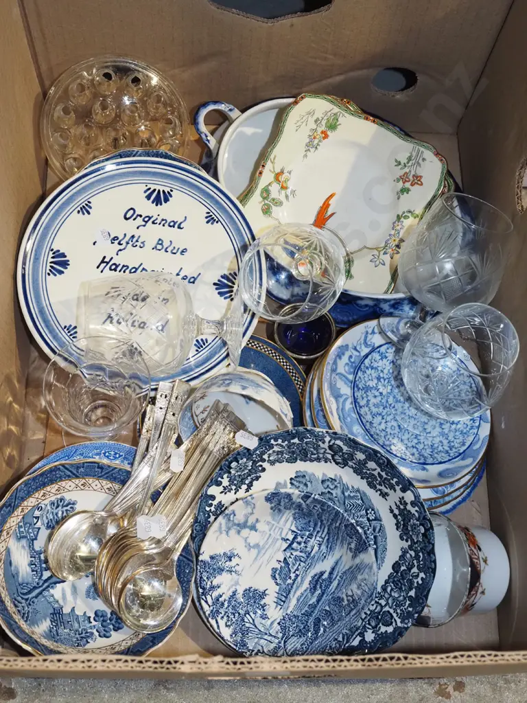 box; blue and white bowls, plates, glass flower frog etc Image 1++