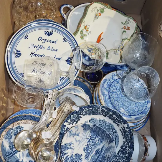 box; blue and white bowls, plates, glass flower frog etc