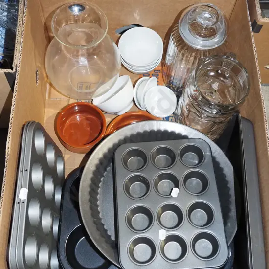 box; muffin trays, baking trays, glass canisters etc
